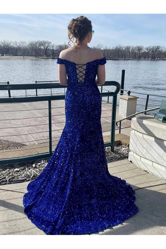 Royal Blue Off the Shoulder Sleeveless Sheath Prom Dress Townsville