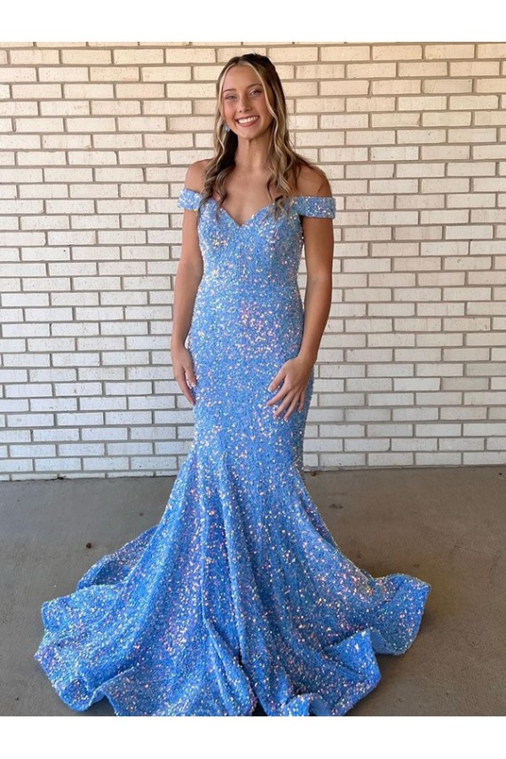 Periwinkle Off the Shoulder Sleeveless Mermaid Prom Dress / Evening Dress Townsville