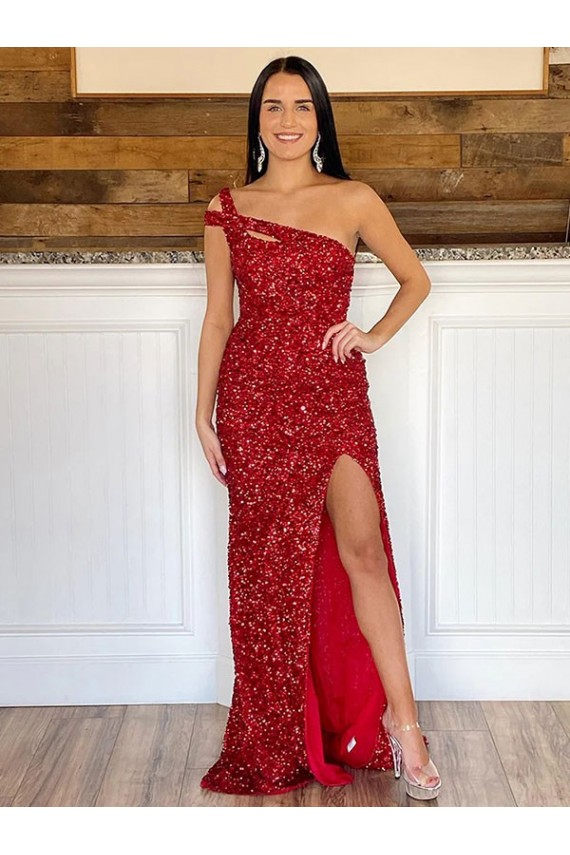 Burgundy One Shoulder Sleeveless Velvet Sequin Long Prom Dress Townsville