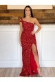 Burgundy One Shoulder Sleeveless Velvet Sequin Long Prom Dress Townsville