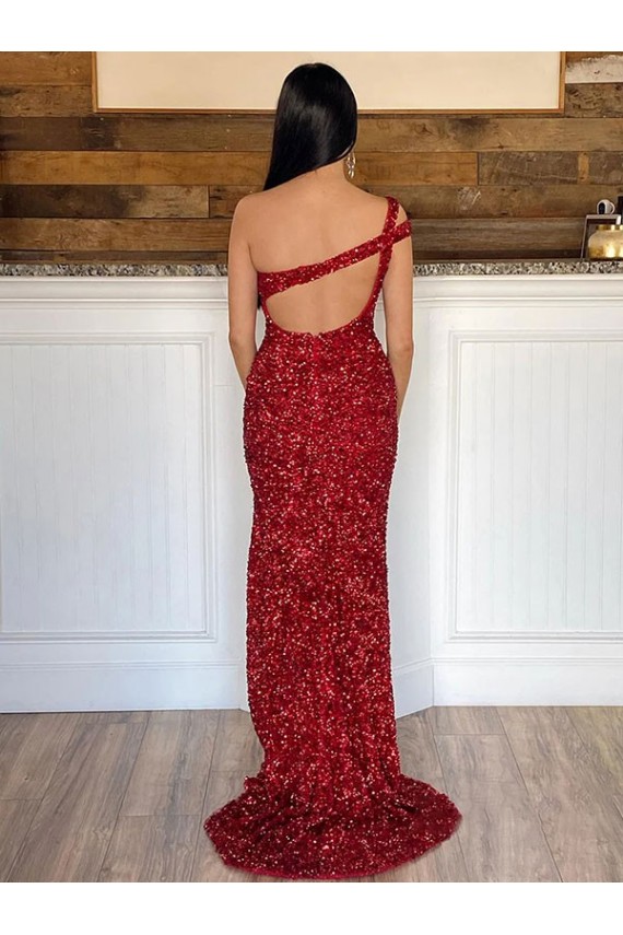 Burgundy One Shoulder Sleeveless Velvet Sequin Long Prom Dress Townsville