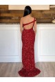 Burgundy One Shoulder Sleeveless Velvet Sequin Long Prom Dress Townsville