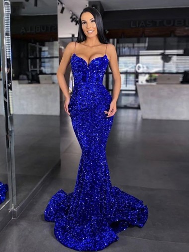 Royal Blue Spaghetti Straps Sleeveless Mermaid Evening Gown / Prom Dress Townsville