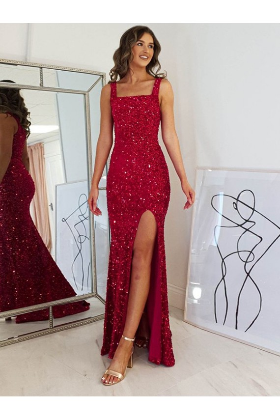 Burgundy Square Neck Sleeveless Sheath Prom Dress Townsville