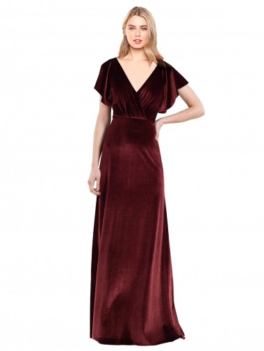 Burgundy V-Neck Flutter Sleeves V-Back A-Line Prom Dress / Bridesmaid Dress Townsville