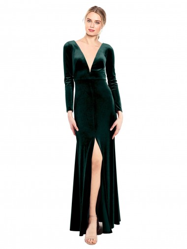 Dark Green V-Neck Long Sleeves Open Back A-Line Black Tie Prom Dress / Bridesmaid Dress Townsville