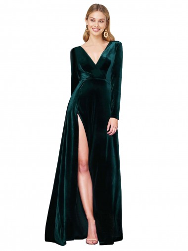 Dark Green V-Neck Long Sleeves A-Line Black Tie Evening Gown / Prom Dress / Bridesmaid Dress Townsville