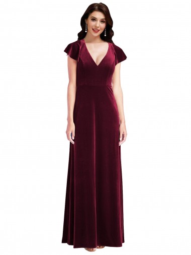 Burgundy V-Neck Flutter Sleeves A-Line Semi Formal Evening Dress / Prom Dress / Bridesmaid Dress Townsville