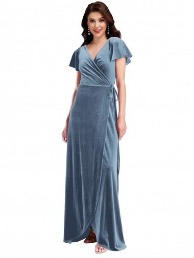 Dusty Blue V-Neck Flutter Sleeves A-Line Black Tie Evening Gown / Prom Dress / Bridesmaid Dress Townsville