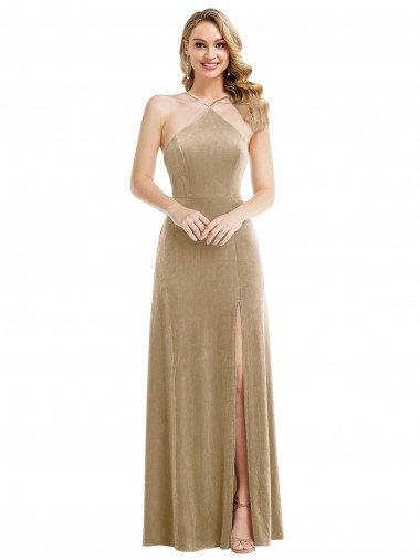 Champagne High Neck Sleeveless Open Back A-Line Semi Formal Evening Dress / Prom Dress / Bridesmaid Dress Townsville