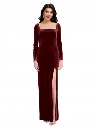 Burgundy Square Neck Long Sleeves Low Back A-Line Prom Dress / Bridesmaid Dress Townsville