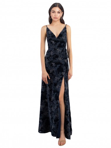 Dark Navy V-Neck Sleeveless V-Back Floral Velvet & Stretch Velvet A-Line Bridesmaid Dress Townsville